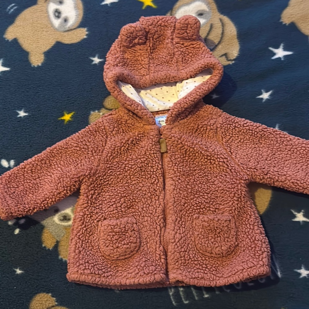 Pink bear jacket, size 6 months, polka dots inside the hoodie